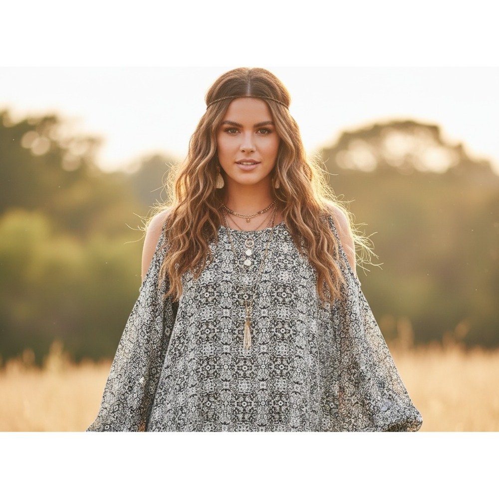 Xhilaration XXL Top Cold Shoulder Black White Boho Tribal Indie Festival Mod‎